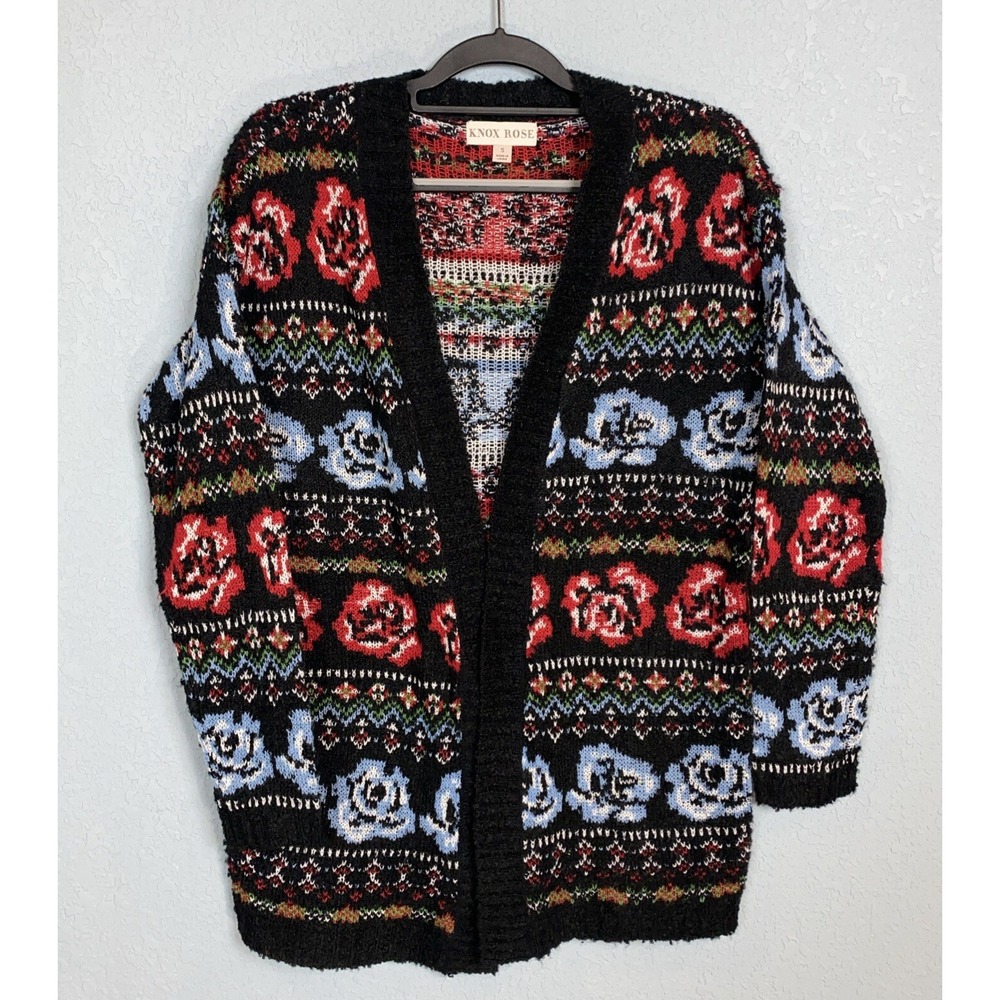 Knox Rose Open Front Cardigan Roses Black Boho Floral Fair Isle